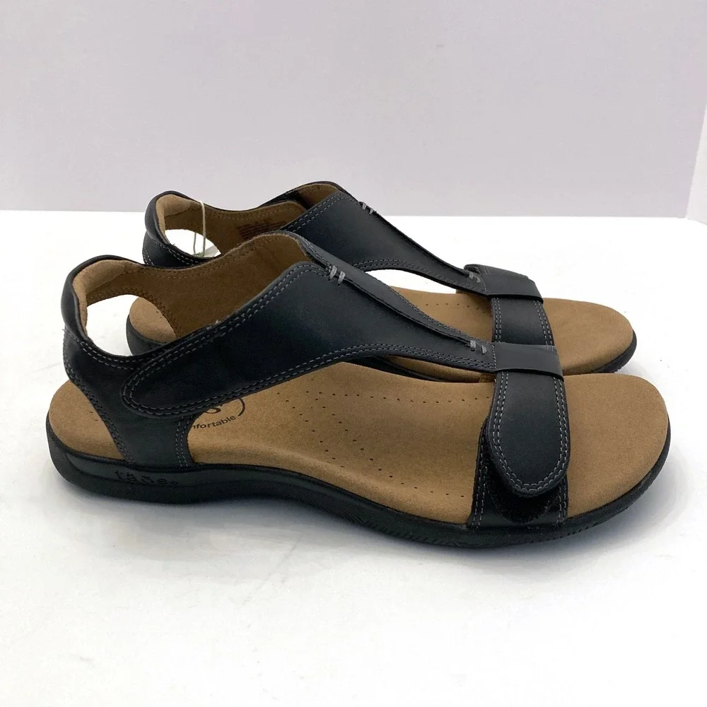 Taos The Show Sandals Black Leather T-Strap Womens 7 Padded Hook & Loop Open Toe